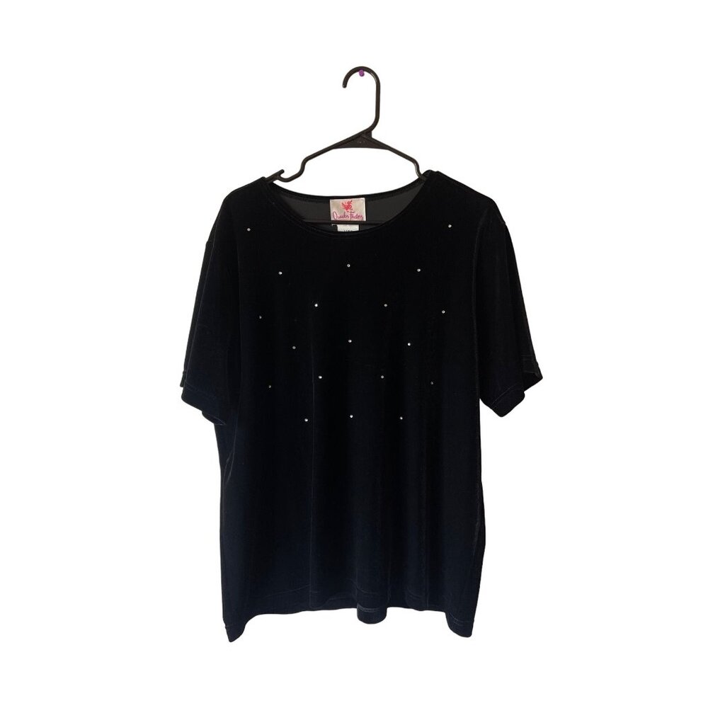 Quacker Factory Black Velour Rhinestone Velvet Short Sleeve Women's Top‎ Size L